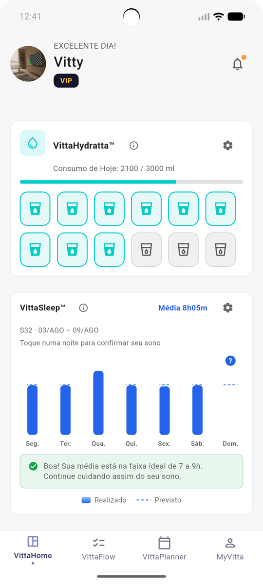 VittaHydratta™ e VittaSleep™: copos de água do dia e as horas de sono da semana