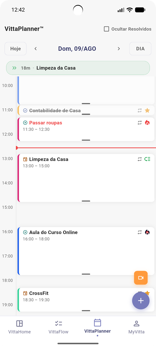 VittaPlanner™: agenda do dia hora a hora, com cada compromisso na cor do seu pilar